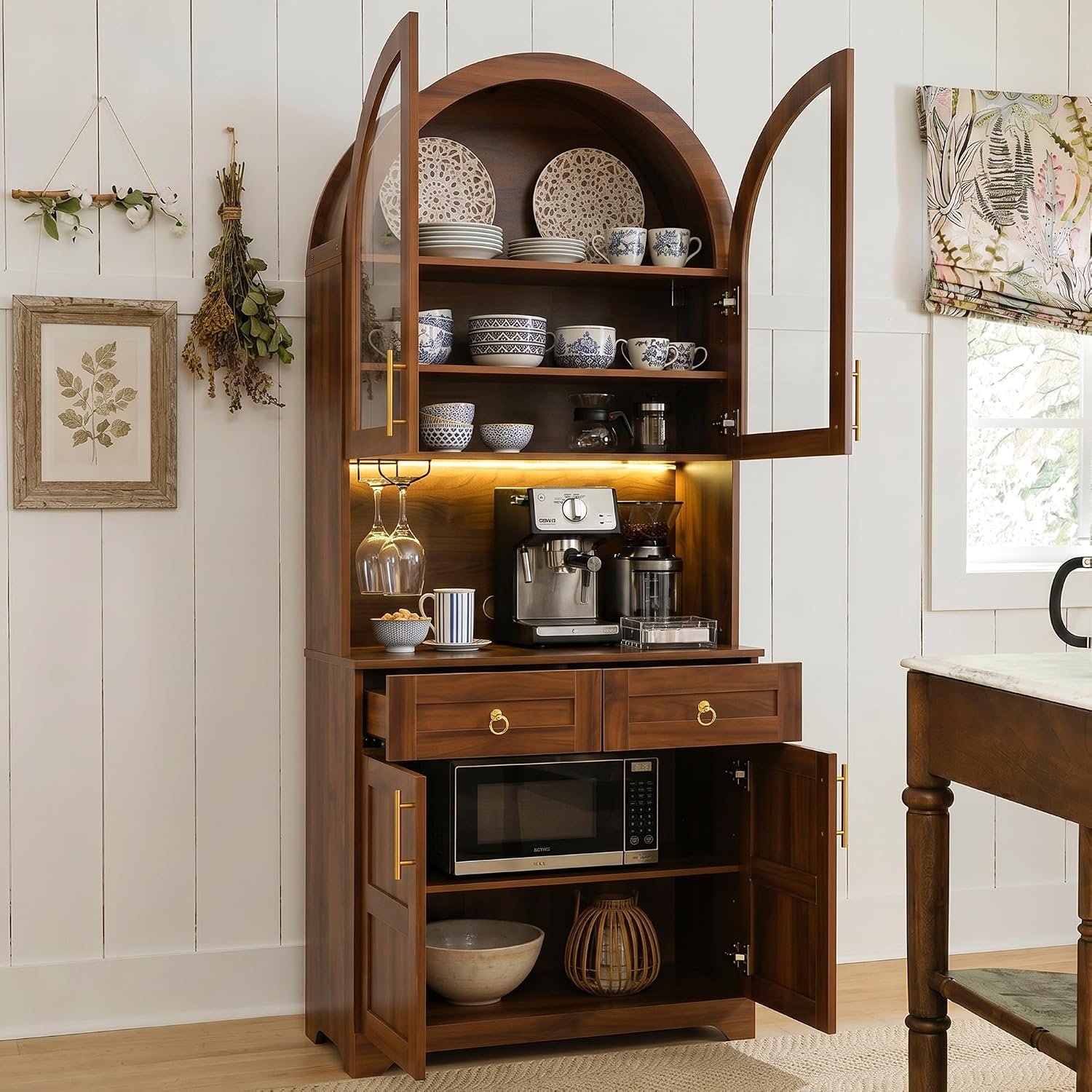Merax 74.8'' Tall Arched Kitchen Pantry Cabinet, Mid-Century Modern Kitchen Hutch with Power Outlet & LED Light, Adjustable Shelves & Glass Holders, Versatile Cupboard for Kitchens, Living Room