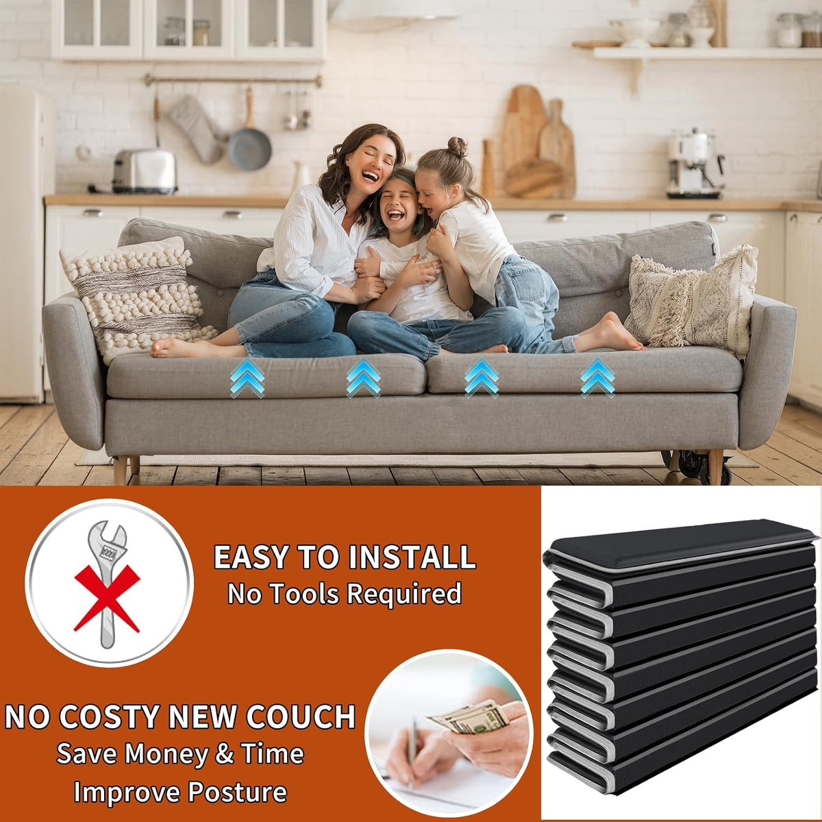 Couch Cushion Support for Sagging Sofa, Plywood Couch Firmer for Supporting Sofas, Foldable Replacement Stuffing Inserts Under Couches, Heavy Duty Seat Supporter, Non Slip, 21.6 x 70 Inch, Black