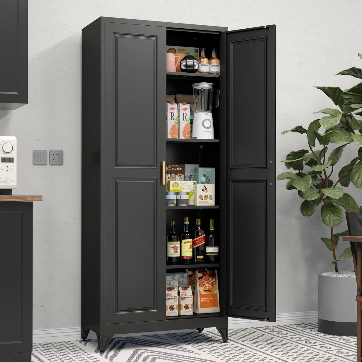 75" Tall Metal Storage Cabinet, Kitchen Pantry Storage Cabinets with Doors and 4 Shelves, Black Pantry Cabinet, Utility Kitchen Cupboard, Large Steel Cabinets for Dining, Office, Living Room