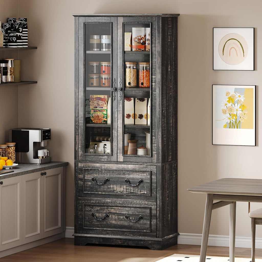 YITAHOME 76'' Kitchen Pantry Cabinet with 2 Drawers, Tall Storage Cabinet with Glass Doors & Adjustable Shelves, Freestanding Display Curio Cabinet for Collectibles, Living Room, Dark Rustic Oak