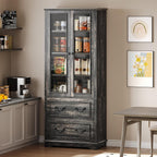 YITAHOME 76'' Kitchen Pantry Cabinet with 2 Drawers, Tall Storage Cabinet with Glass Doors & Adjustable Shelves, Freestanding Display Curio Cabinet for Collectibles, Living Room, Dark Rustic Oak