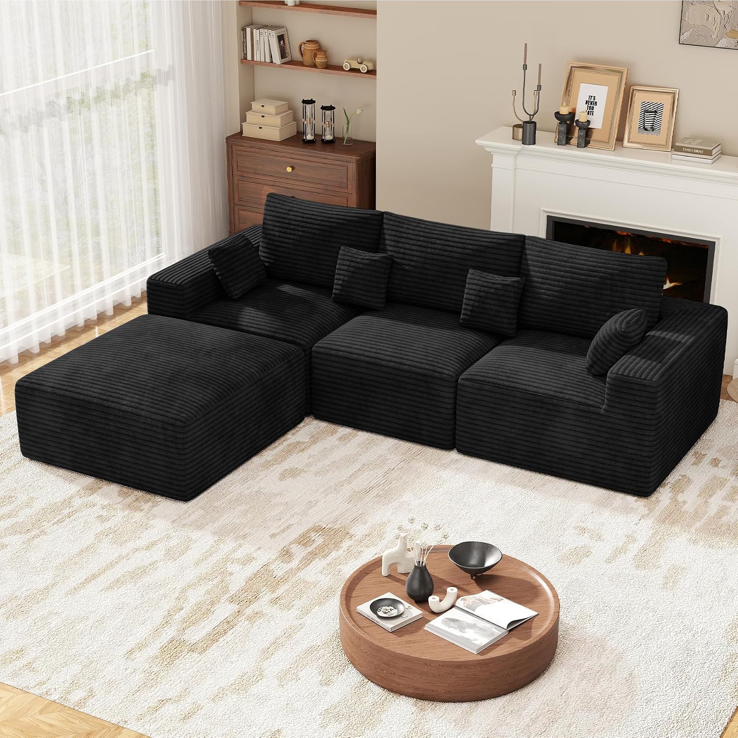 113" L-Shaped Couch, Modern Modular Sectional Sofa with Deep Seat, Convertible Corduroy Cloud Couches for Living Room,Black,1 PCS