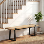 HNY 60" Entryway Bench Wood Dining Bench Bedroom Bench Modern Minimalist Long Slatted Bench for Living Room Hallway, Sturdy Solid Wood with Black Metal Leg Seating for 4-6 People, Natural Finish