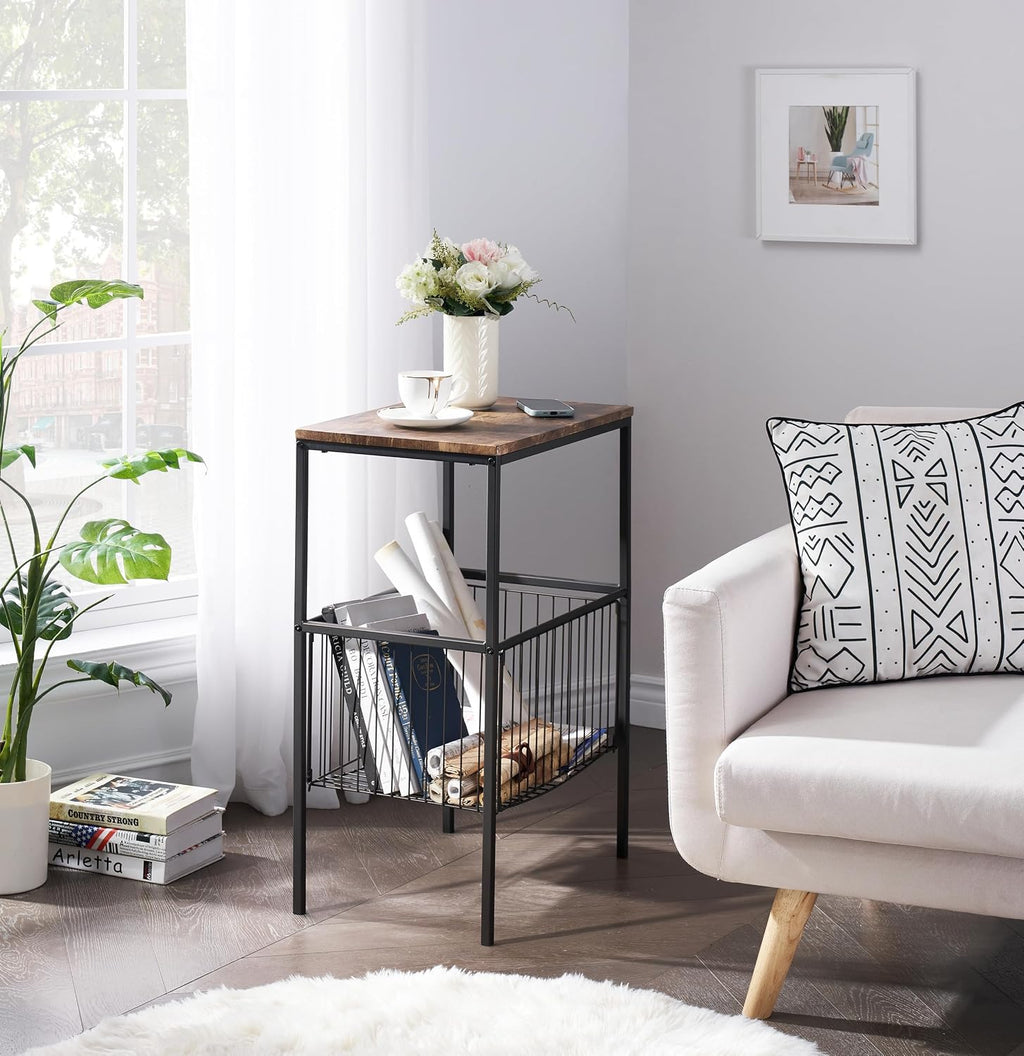 VECELO Tall End Table with Metal Basket,Nightstand with Shelf Storage Organizer, Wood Night Stand with Metal Frame, Waterproof for Bedroom, Living Room, Bathroom