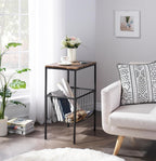 VECELO Tall End Table with Metal Basket,Nightstand with Shelf Storage Organizer, Wood Night Stand with Metal Frame, Waterproof for Bedroom, Living Room, Bathroom