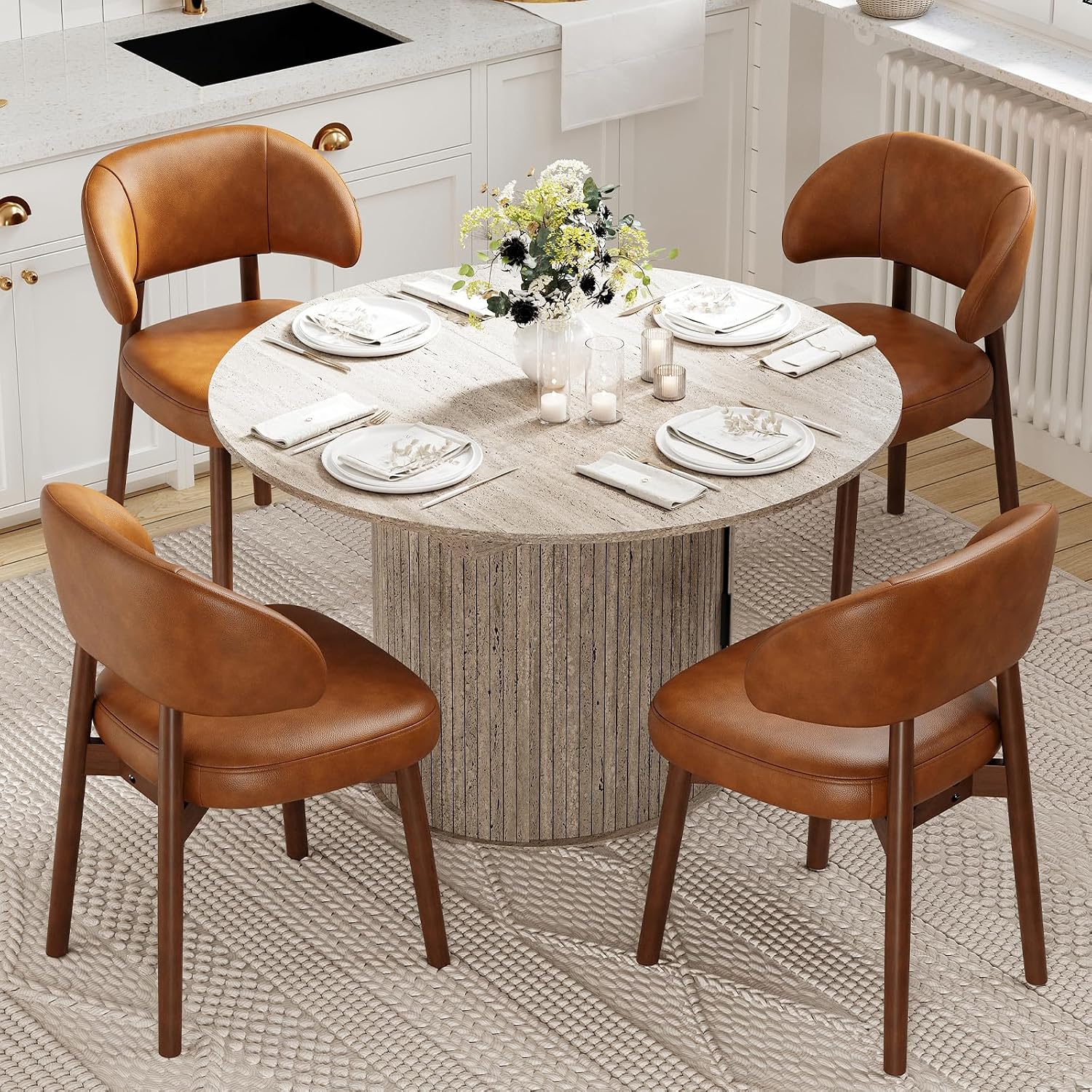 MALOL 47"-63" Extendable Round to Oval Dining Room Table Chairs Set for 4-8, Modern Wooden Kitchen Table and Chairs with Hidden Storage and Fluted Design for Dining Room/Small Space(White and Brown)
