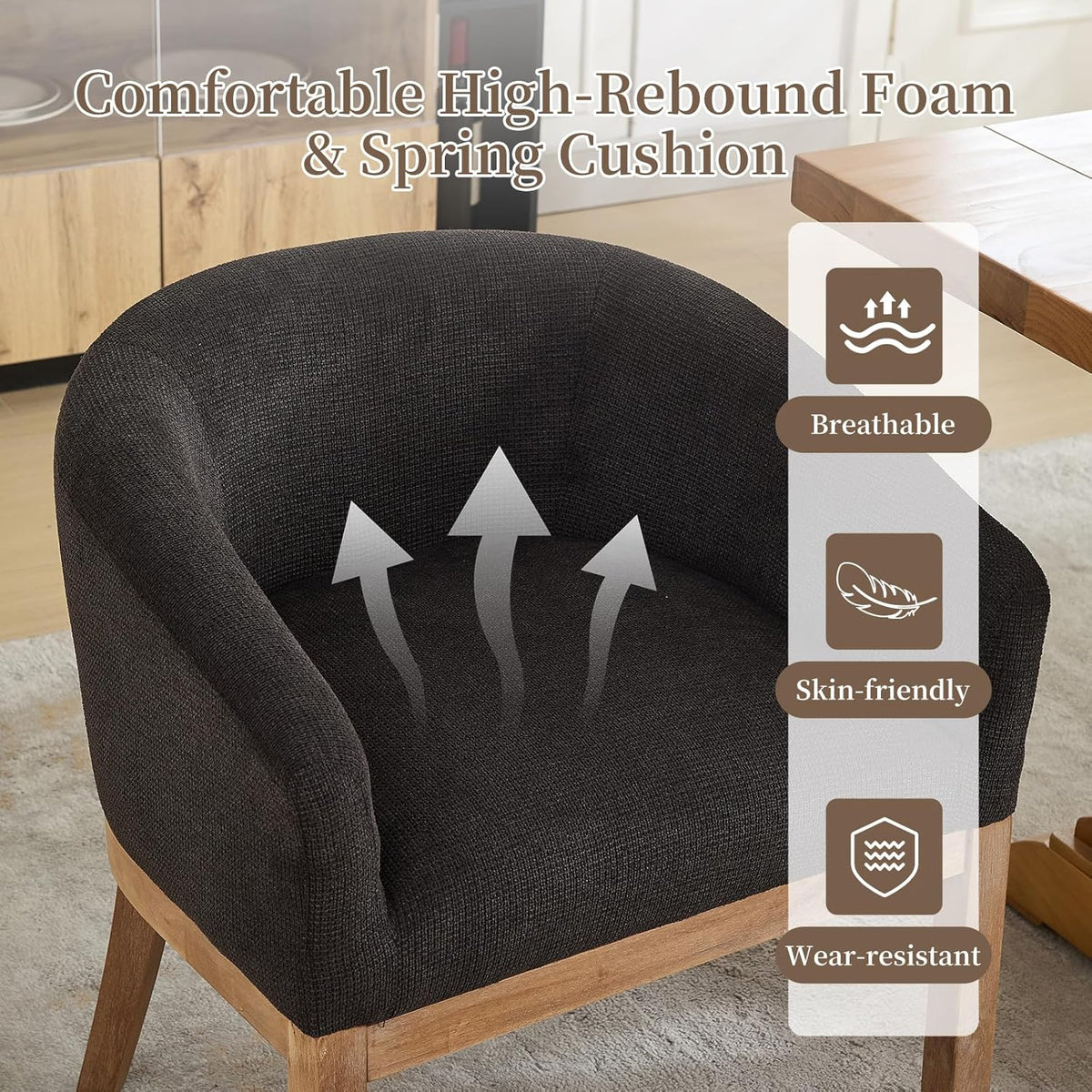 Mid Century Modern Dining Chairs Set of 2, Upholstered Linen Fabric Dining Room Chairs with Arms and Solid Wood Legs, Comfy Barrel Accent Chairs for Dining Room, Living Room, or Cafe, Charcoal Gray