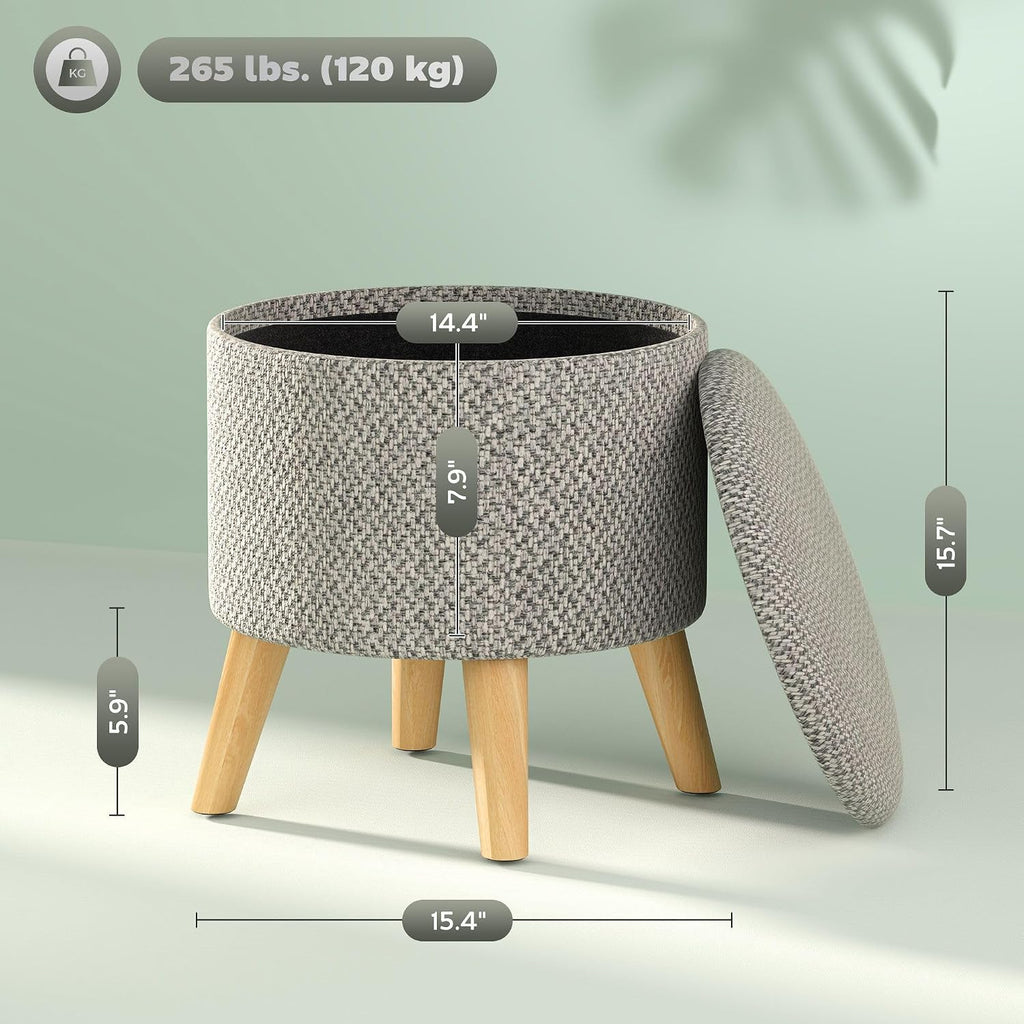 Light Gray Round Storage Ottoman with Hidden Lid and Linen Fabric
