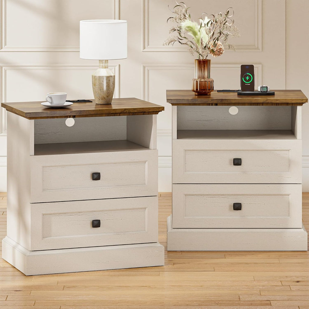 24.5" Farmhouse Night Stand Bedside Table with 3 Drawer for Bedroom | Set of 2 Wood Nightstand End Table with Open Shelf Outlet and USB for Bedroom, Closet, Antique White