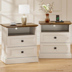 24.5" Farmhouse Night Stand Bedside Table with 3 Drawer for Bedroom | Set of 2 Wood Nightstand End Table with Open Shelf Outlet and USB for Bedroom, Closet, Antique White