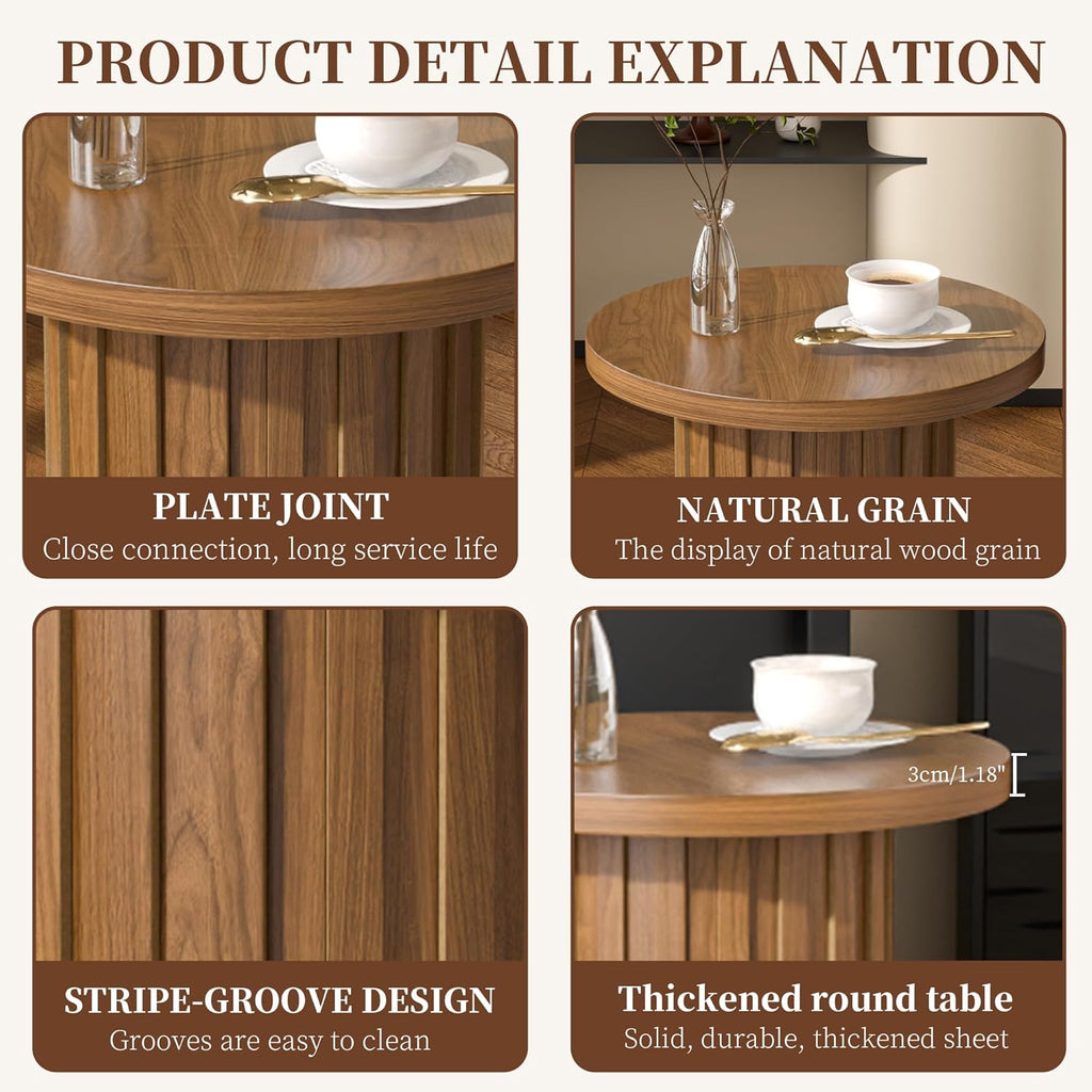Fsbecl Farmhouse Pedestal End Table Round Side Table with Fluted Panel Rustic Drink Table for Small Space Living Room (Walnut)