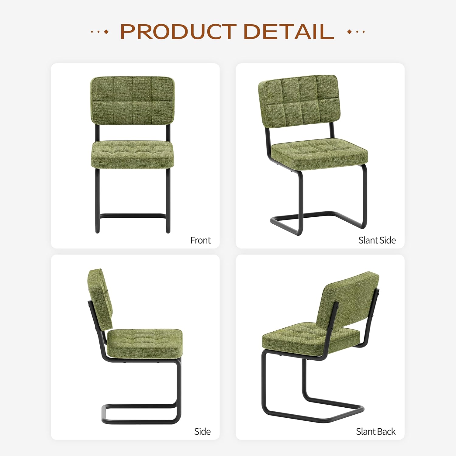 Mid-Century Modern Dining Chairs Set of 2 with Metal Legs, Green | Upholstered Chenille Cantilever Dining Chairs with Ergonomic Backrests, Armless Design, Padded Seats for Dining Room