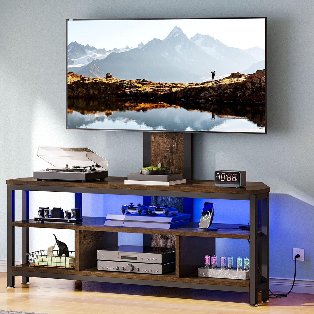 DWVO Corner TV Stand with Mount & LED, Height Adjustable, Rustic Brown | Entertainment Center With Height Adjustable Mount, Led Lights, Power Outlet, Corner Design, Fits 60-70 Inch Tvs, Rustic Style