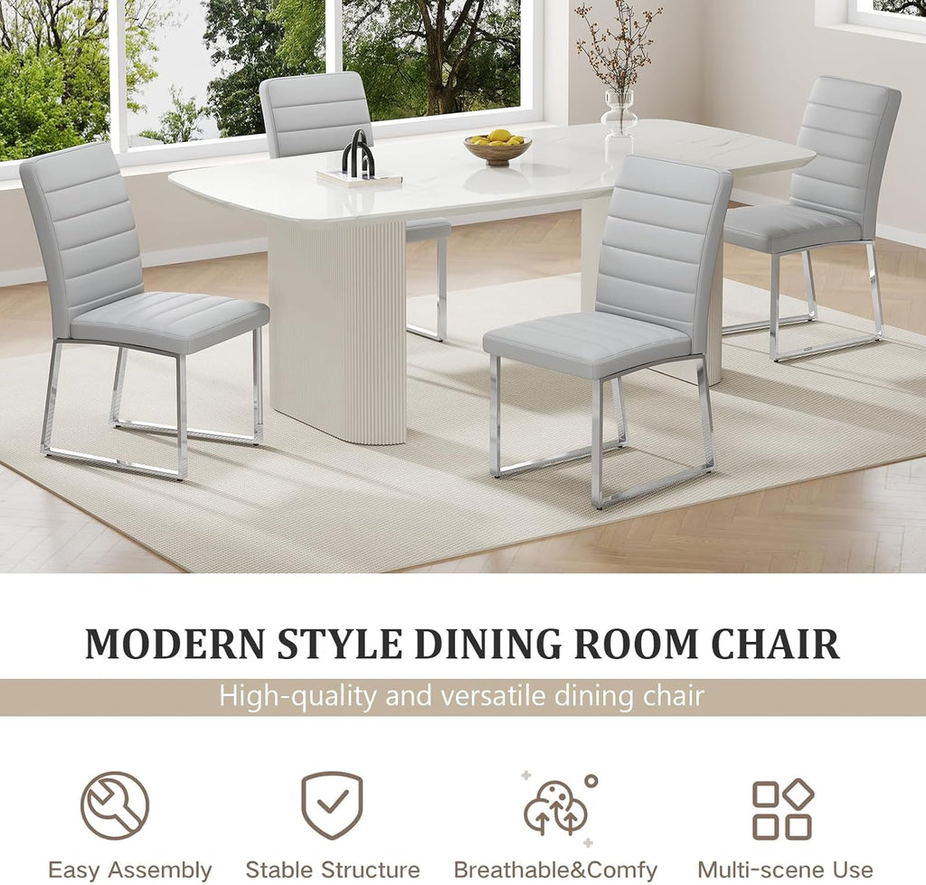 Hommoo Dining Chairs Set of 4, Faux Leather Upholstered Kitchen Chairs, Padded Seat Armless Dining Room Chair with Metal Leg, Modern Dinner Chair for Restaurant Living Room Grey