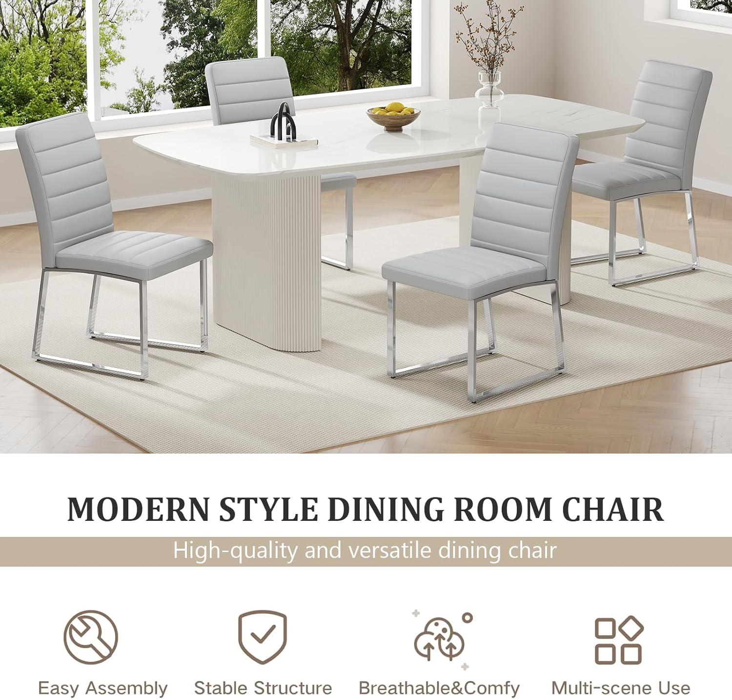 Hommoo Dining Chairs Set of 4, Faux Leather Upholstered Kitchen Chairs, Padded Seat Armless Dining Room Chair with Metal Leg, Modern Dinner Chair for Restaurant Living Room Grey