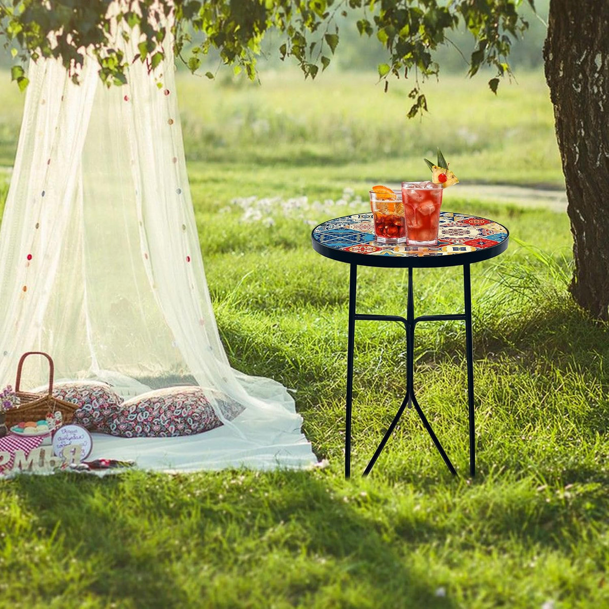 Mosaic Round Sode Tea Table, Outside Unique Furniture, Small End Outdoor Side Valentine's Day Dining Room Table, Indoor Balcony Outdoor Furniture, Balcony Patio Valentine's Day Decor