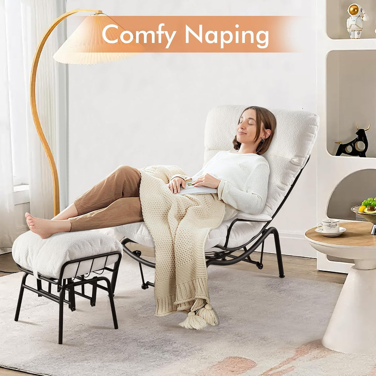 HOOOWOOO Cozy Rocking Chair,Chaise Lounge Chair Indoor,Accent Chair with Ottoman for Bedroom,Living Room,Office(Cloud Velvet White)