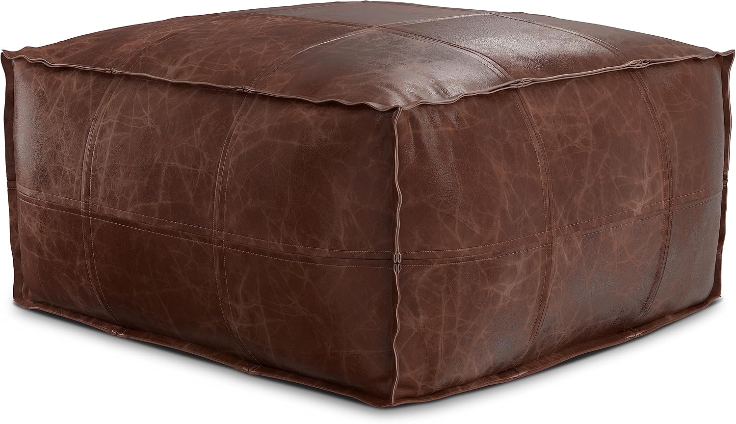 SIMPLIHOME Brody 26" Wide Genuine Leather Square Pouf in Distressed Brown | Distressed brown boho footrest, coffee table and extra seating for living room, assembled; floor cushion or accent seat.