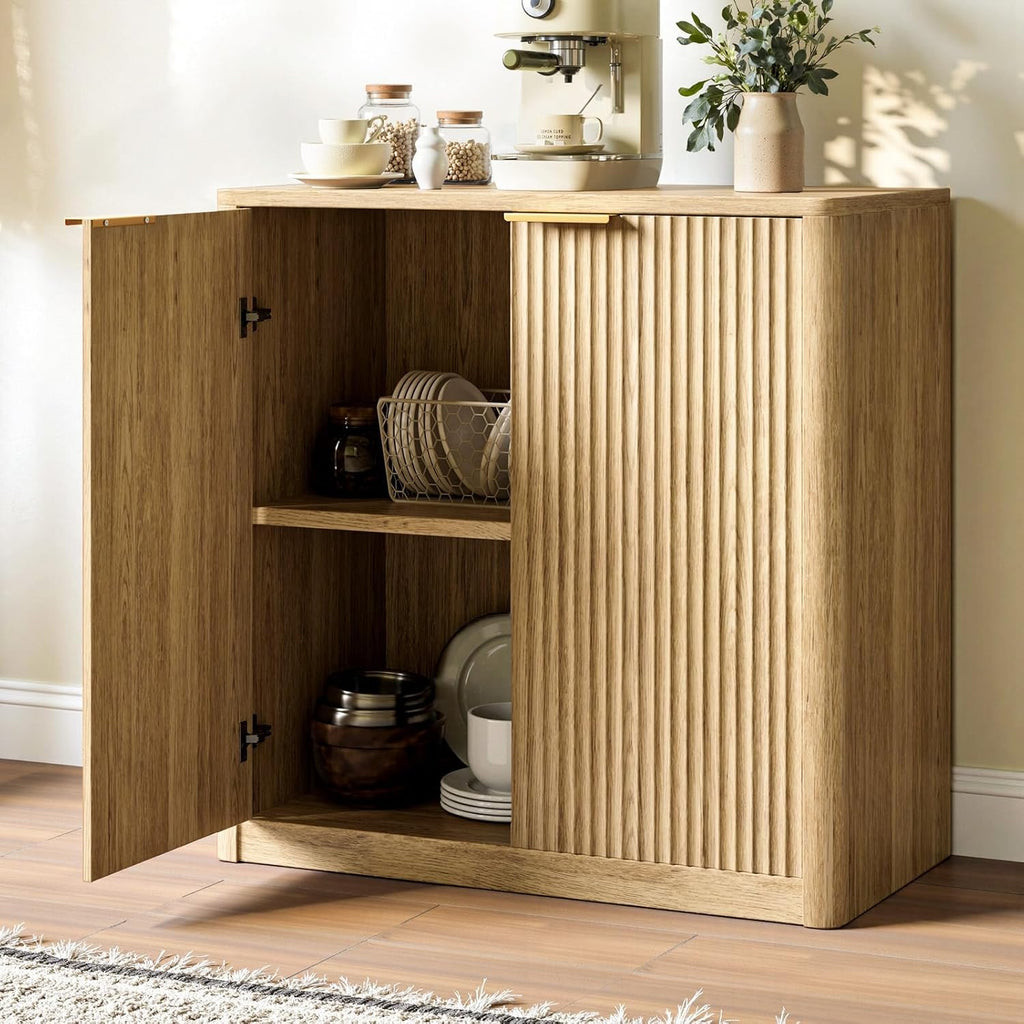 Evermagin 31.5" Oak Buffet Cabinet with Storage, Small Sideboard Cabinet, Boho Accent Credenza, Fluted Console Table with Doors for Dining Room, Kitchen, and Living Room
