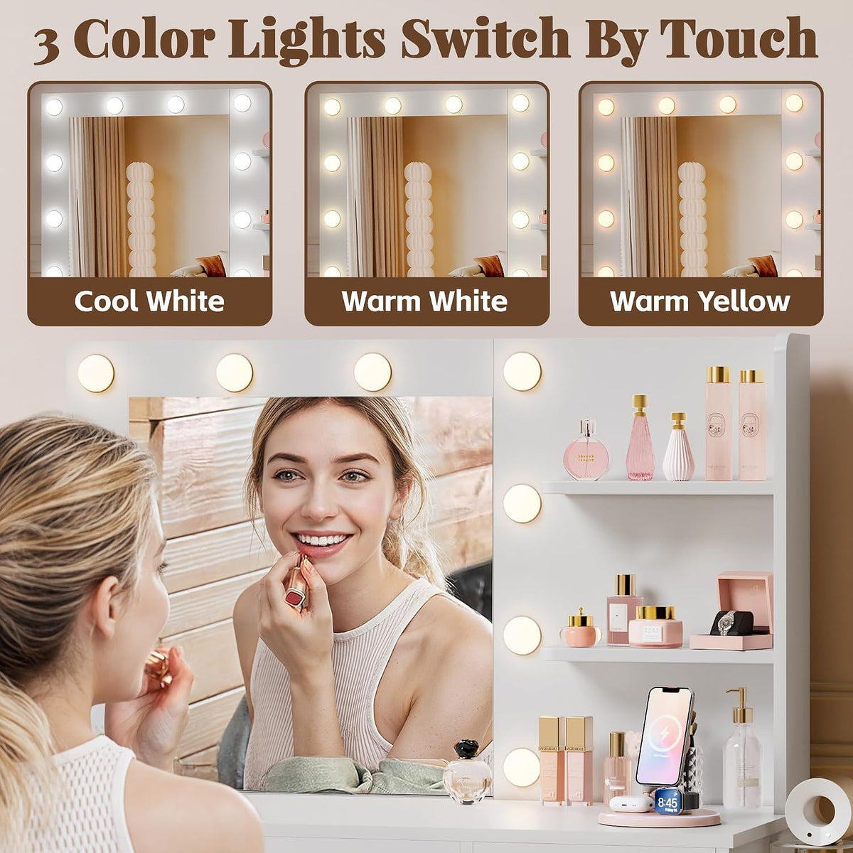 YESHOMY 35.4" Vanity Desk with Mirror & Lights, Power Outlet,Fresh White | 3 Storage Shelves, Makeup Vanity Table with Open Shelves for Bedroom Dressing Room