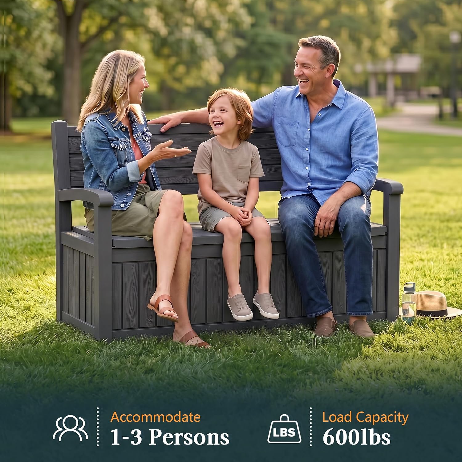 Outdoor Bench with Storage, Waterproof Garden Storage Bench, 100 Gallon Lockable Resin Deck Box, Weatherproof Bench Seating for Patio Yard Cushions Tools, Black