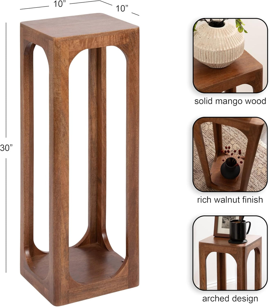 Kate and Laurel Dahl Mango Wood Square Tea Table, 10 x 10 x 30, Walnut Brown, Transitional Boho Wooden Accent Pedestal Table for Living Room Plant Stand or Small Bedroom Nightstand