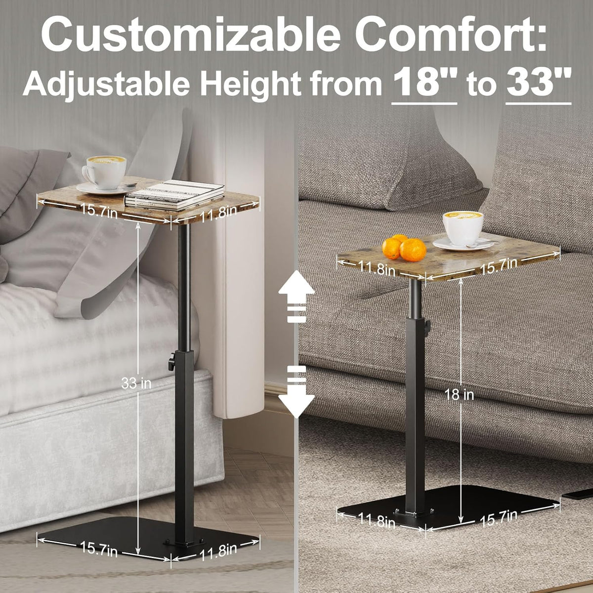 TV Tray Table Adjustable Height Swivel Couch Table with Heavy Metal Base | Slides Under Sofa, C-Shaped Side Table for Living Room, Bedroom, Bathroom, Study, and Small Spaces