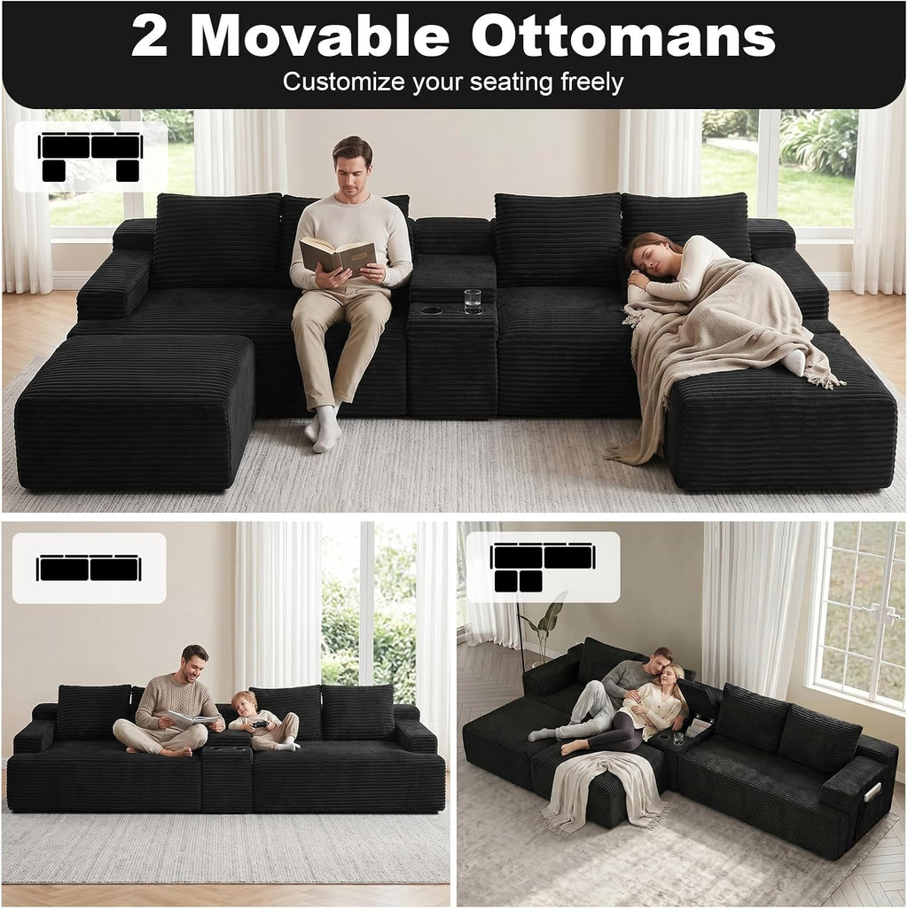 GNIXUU 140.6" Black Cloud Sectional Couches for Living Room | 2 Cup Holders, Oversized Comfort, U-Shaped Modular Sofa Set, Storage Console, 2 Side Pockets, Corduroy Fabric, No Assembly