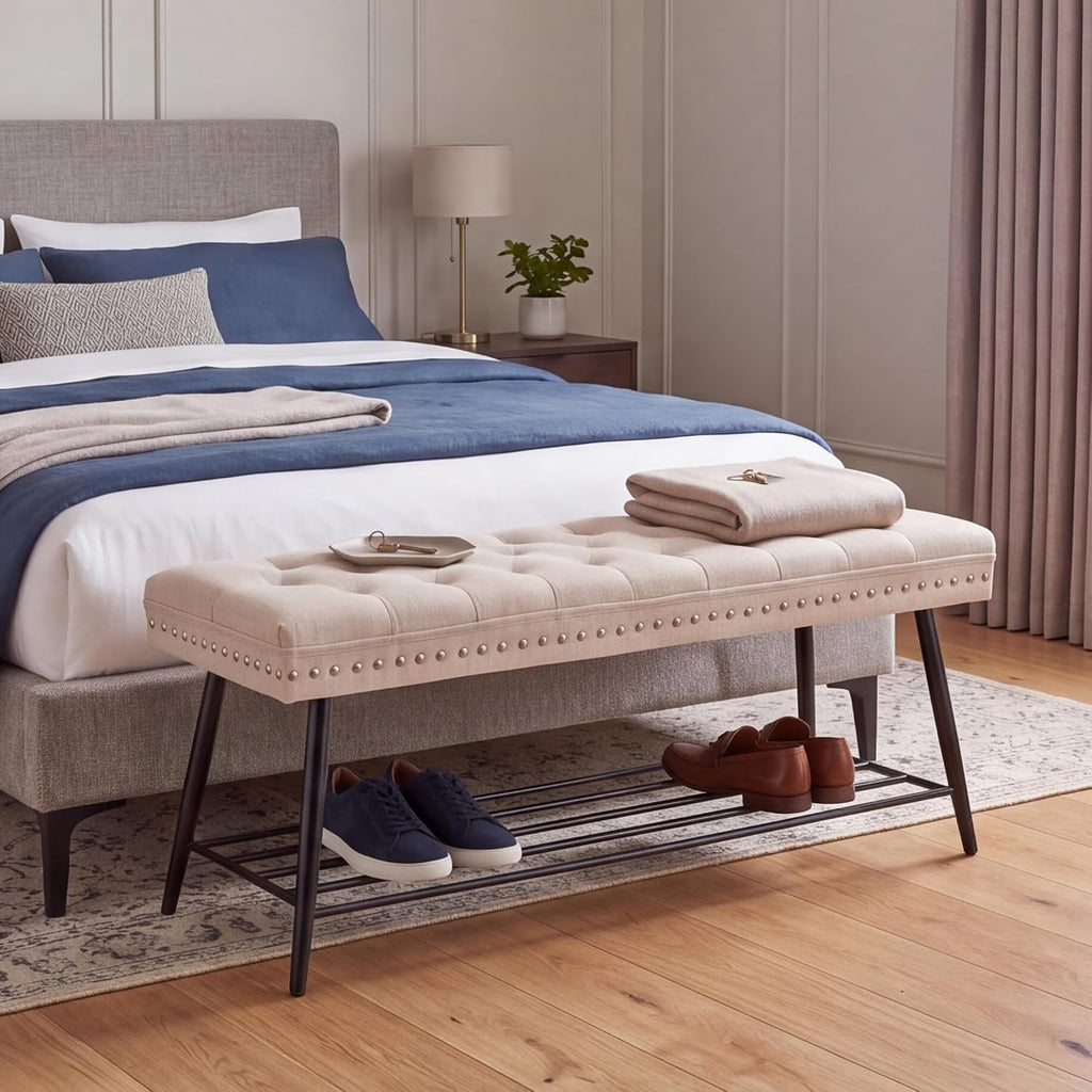 Mistpople Thick Cushioned Shoe Bench, Entryway Bench with Metal Shoe Rack, Upholstered Tufted Ottoman Bench for Bedroom, End of Bed Bench, Farmhouse Style Storage Bench for Hallway, Living Room