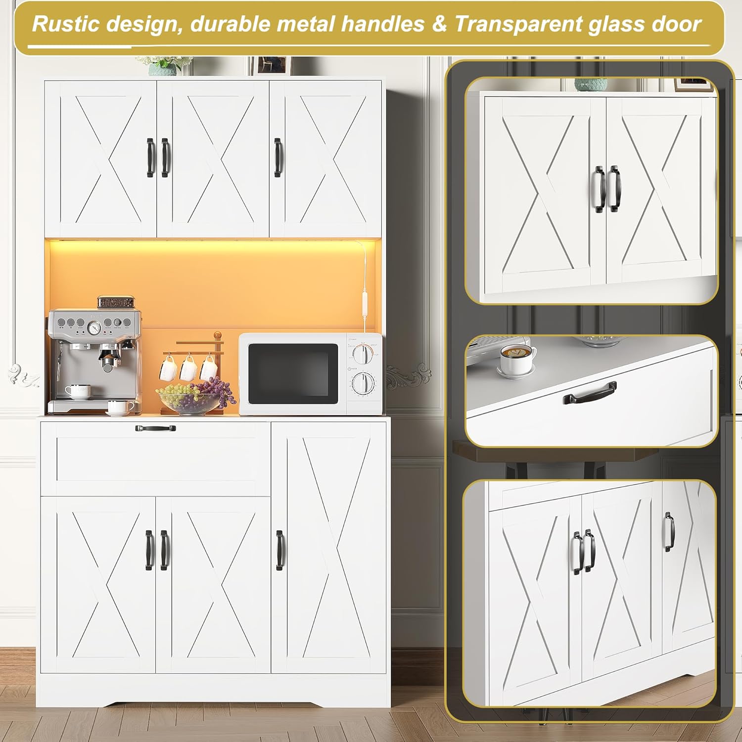 71" Kitchen Pantry Cabinets with Hutch - Freestanding Pantry Cabinet with Drawer, Adjustable Shelves, LED Light & Power Outlets for Kitchen, Dining Room, Living Room (White)