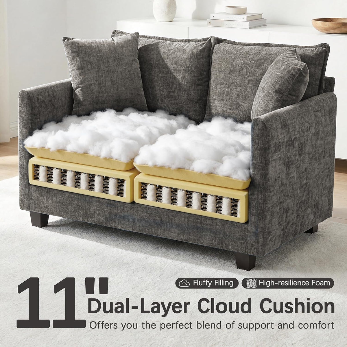 52'' Loveseat Sofa with Ottoman,Cloud Sofa Couch for Living Room | 27" Deep Seat & 2 Pillows, Modern Comfy Chenille Small Couch for Small Spaces, Apartment, Studio, Bedroom, Living Room