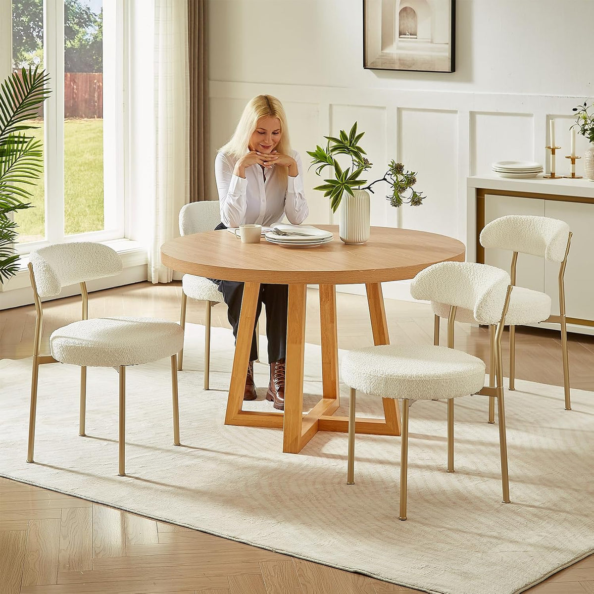SoarFlash Dining Chairs, Beige Boucle Dining Chairs Set of 6, Kitchen Dining Room Chairs Curved Backrest Upholstered Mid Century Chair with Golden Metal Legs
