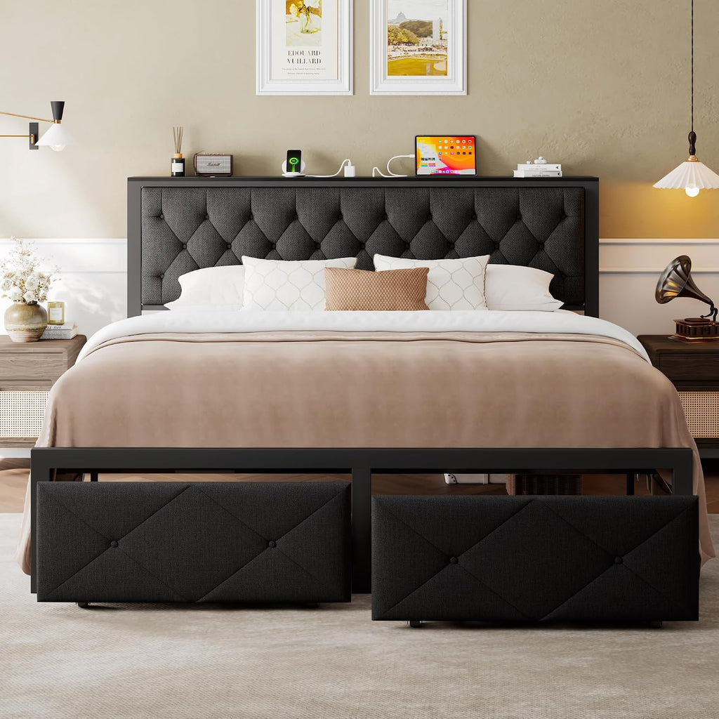 Einhomn King Size Bed Frame with 2 Storage Drawers, Metal Platform Bed with Charging Station, Upholstered Linen Button Tufted Storage Headboard, No Box Spring Needed, Noise-Free, Easy Assembly, Black
