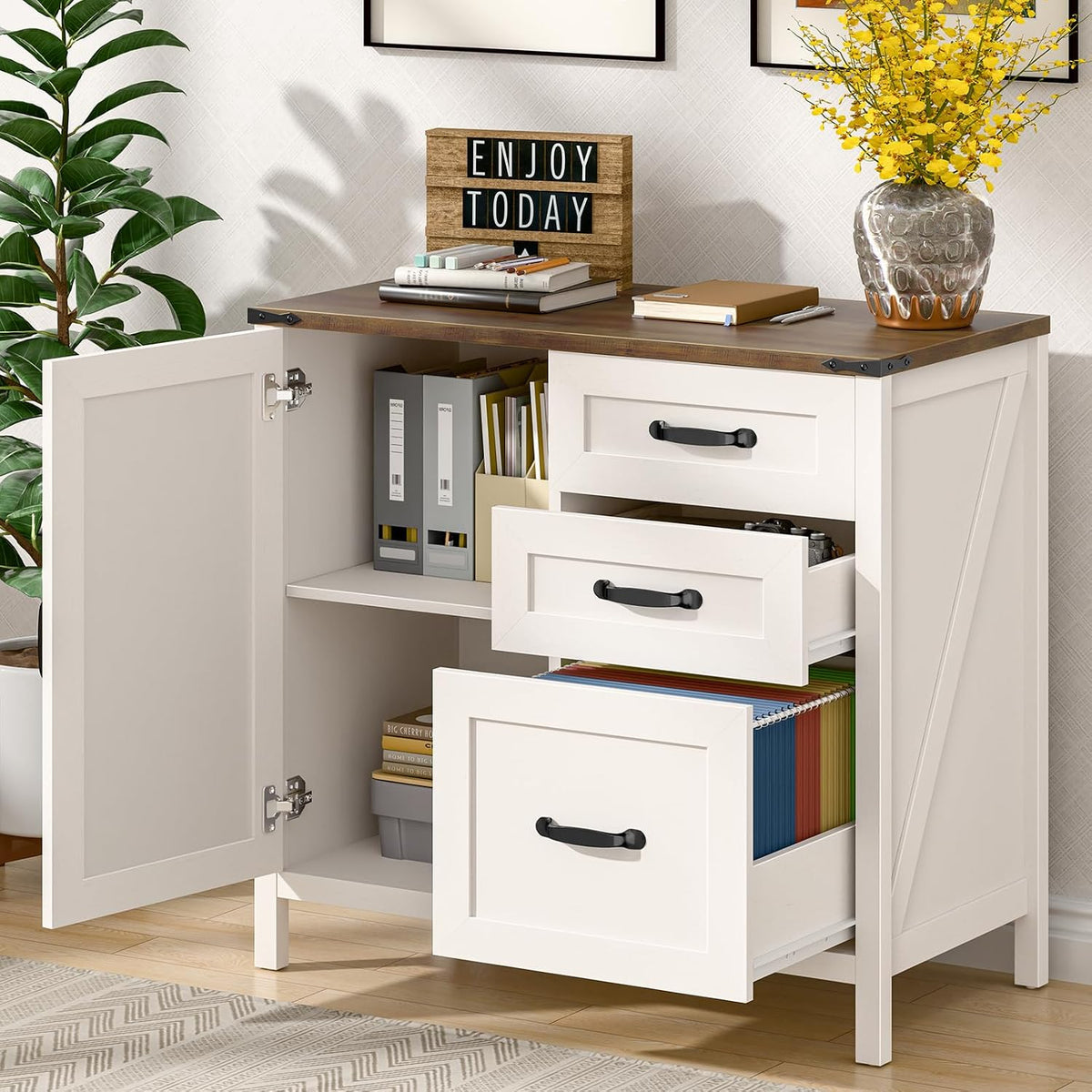 Befrases File Cabinet 3 Drawers Lateral File Cabinet with Adjustable Shelf for Letter/A4 Size Hanging Files, Large Wood File Storage Cabinets Printer Stand for Home Office, Rustic White