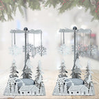 Winter Cabin Holiday Silver Candle Spinners Set of 2 – Silver Plated Laser Cut Christmas Cabin Scene Tea Light Candle Holders with Snowflake Charms – 5" Holiday Tabletop Décor