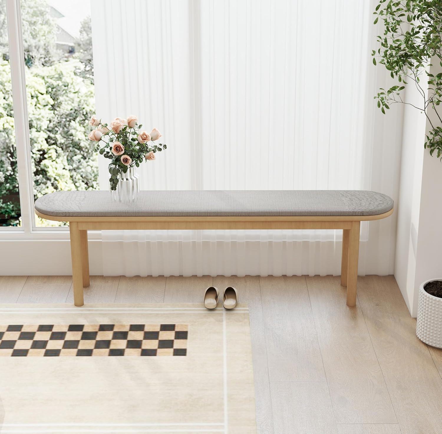 63" Dining Bench Rubber Wood for 6-8 Person,Bedroom Bench,Window Bench,Entryway Bench,Upholstered Bench,with Padded Seat and Solid Wood Leg for Kitchen,Indoor and Hallway,Beige, 63in.