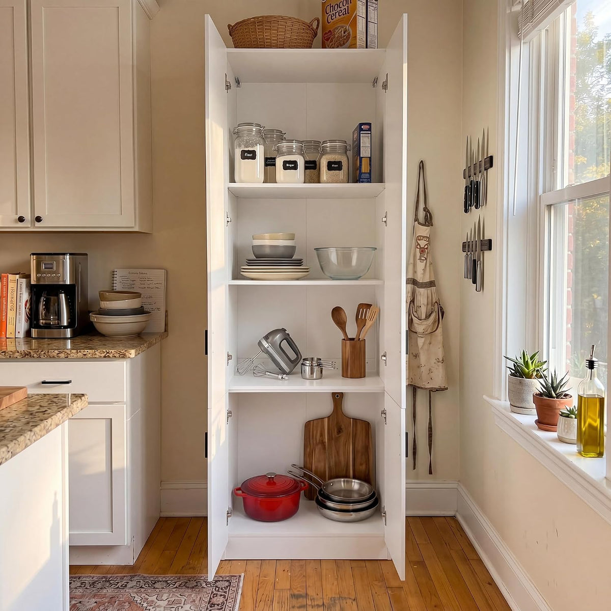 AGOTENI 94.5”H Tall Kitchen Pantry Cabinet with 4 Doors & 4 Shelves, Modern Kitchen Pantry with Adjustable Shelf, Black Handles, Cupboard for Kitchen Dining Room, White