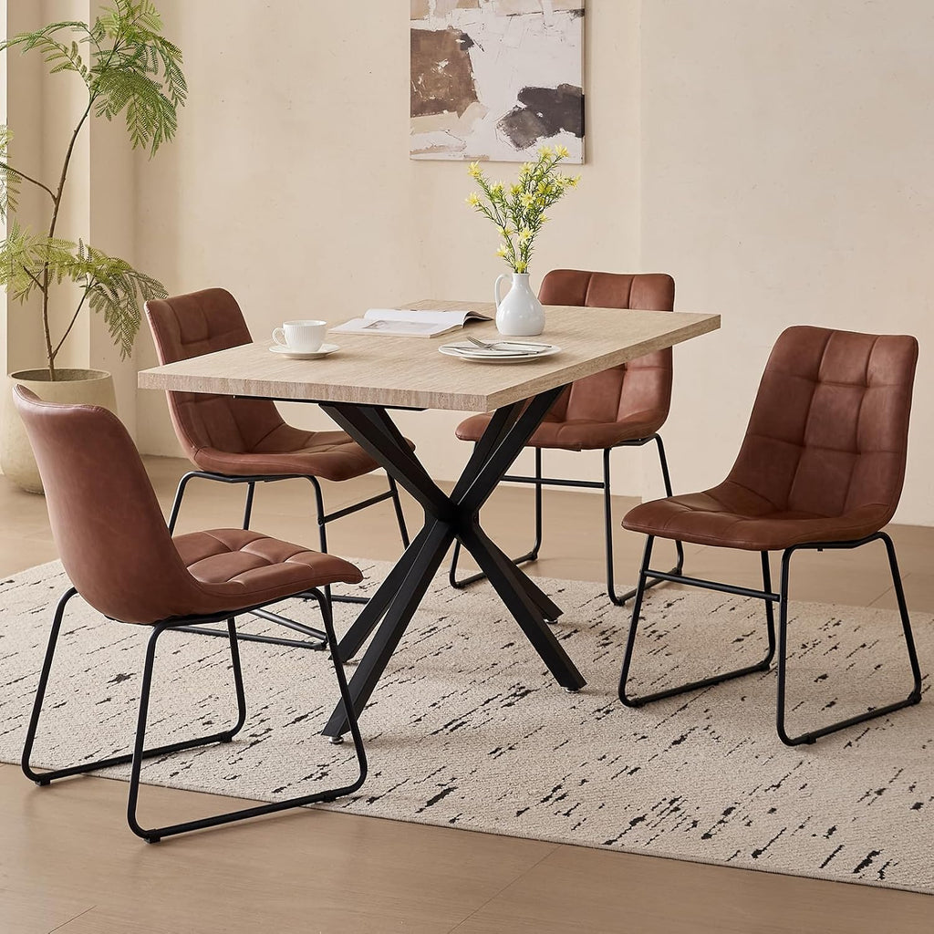 Dining Chairs Set of 4 Faux Leather Cushion Kitchen Chair, Brown | Synthetic Leather Upholstered Dining Room Chairs with Ergonomic Seat Metal Sled Legs for Dining Living Room Home