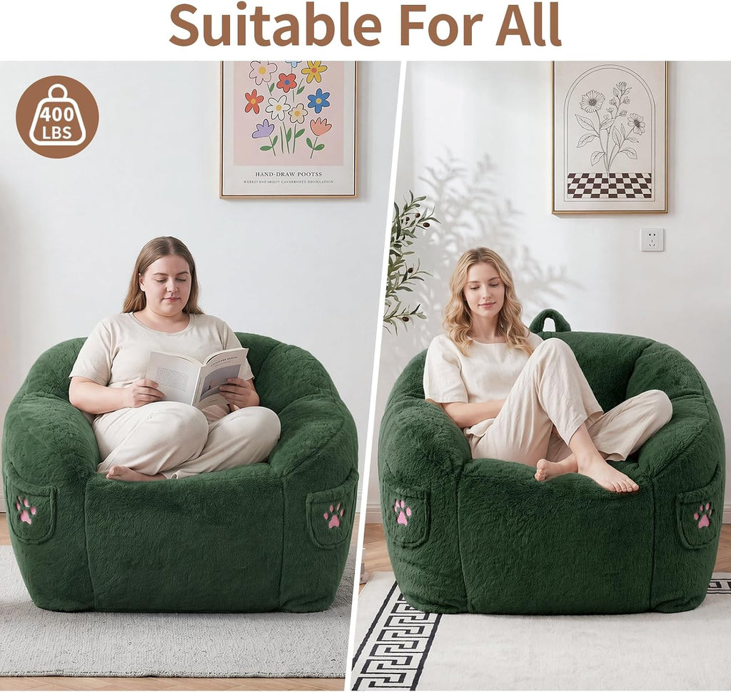 Vipbear Cat Paw Bean Bag Chair, Oversized Air-Cushion Sofa Chair Green | 39", air-cushion filling, cat paw Pocket, carry handle, oversized firm support, ergonomic, plush faux fur, gaming, reading