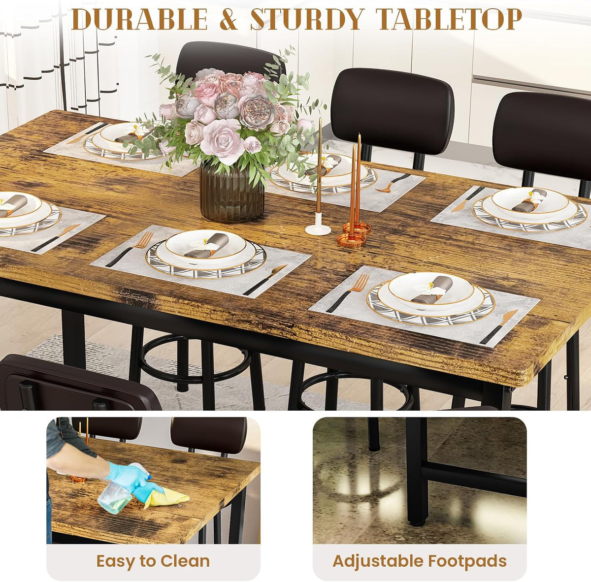 Recaceik 50" Dining Table Set for 6, 7-Piece Counter Height Bar Table Set with Upholstered Stools, Space-Saving Modern Pub Set for Kitchen, Breakfast Nook & Home Bar, Rustic Brown