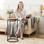Easy Paws Round Side Table,Glass C Shaped Table,Couch End Table, Tempered Glass Snack Table with Metal Frame, Sofa Couch Bedside Table,TV Tray Table for Small Space(Black,2pcs)