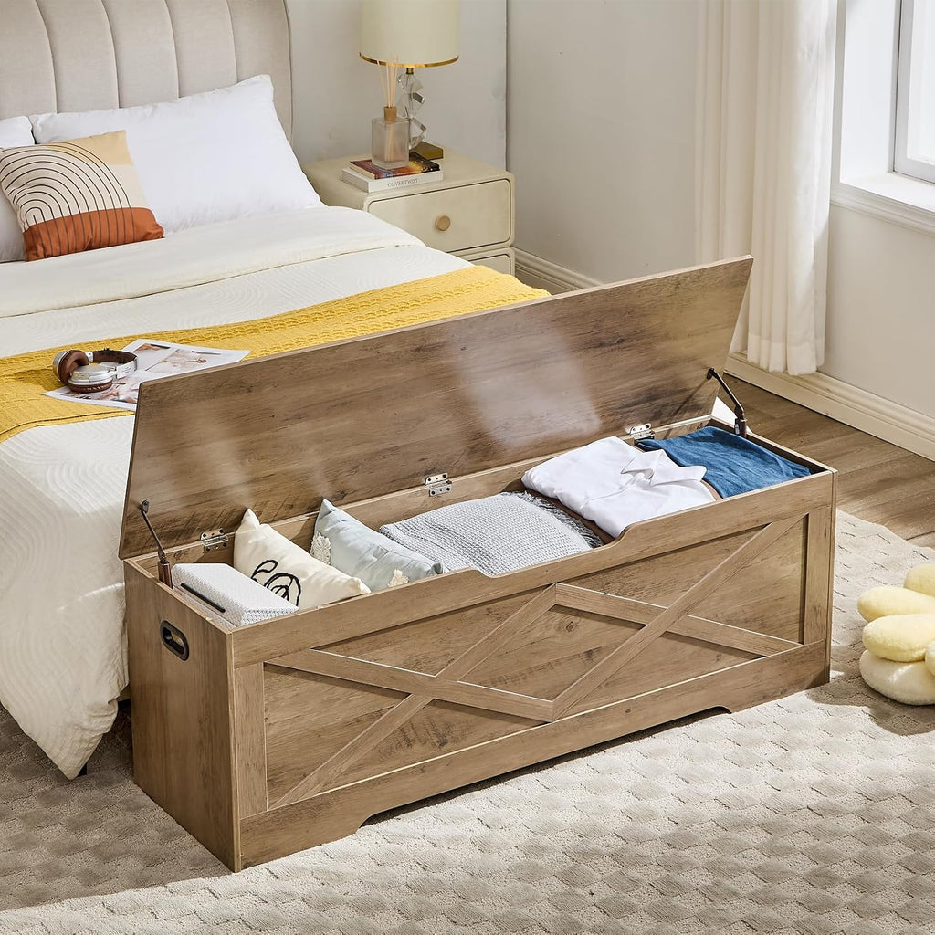 55.1" Storage Bench,Storage Chest for Entryway, Mudroom & Bedroom | 55.1L”x15.7W”x19.1H” Wooden Storage Bench,Storage Trunk with 2 Safety Hinges,Supports 220 lb,Easy Assembly,(Greige).
