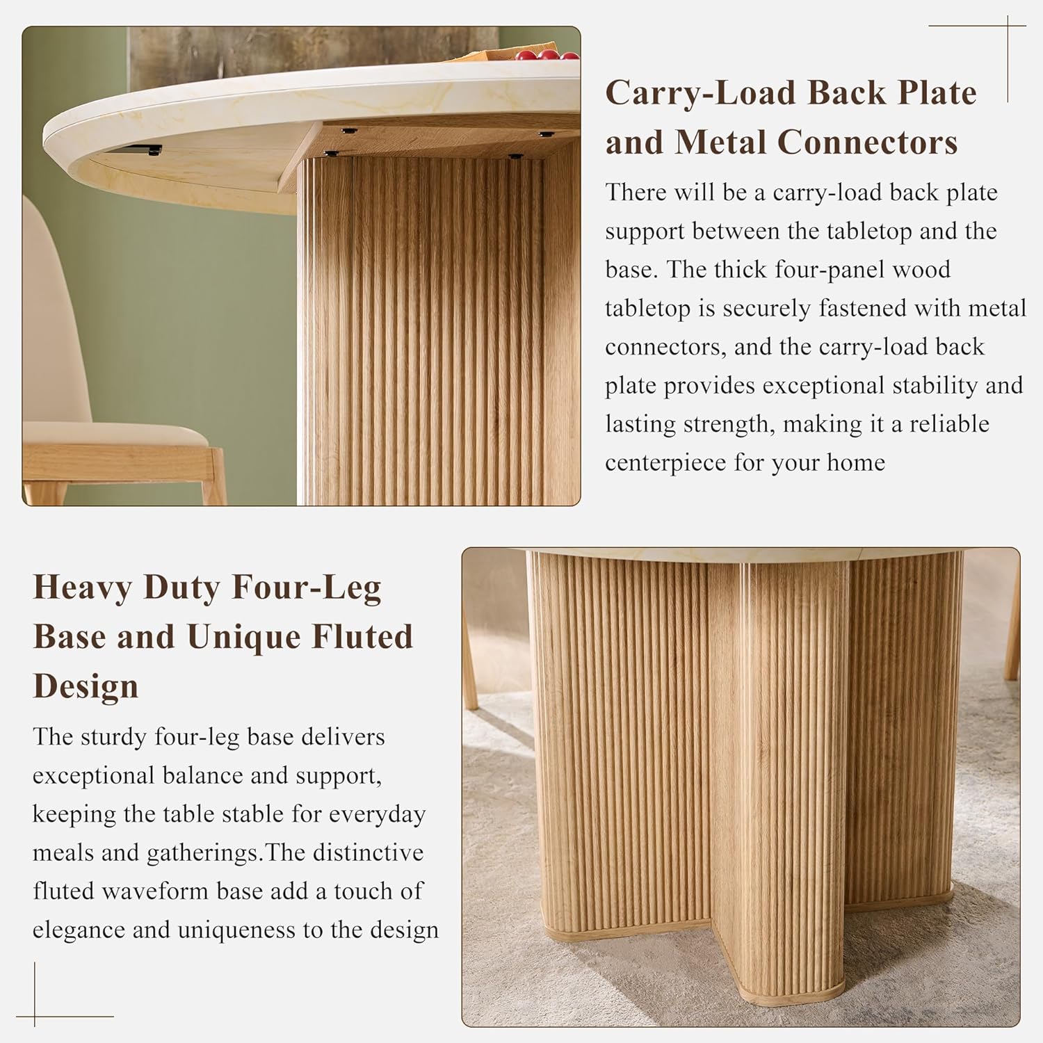 OKD Fluted Round Dining Table for 4, 47" Modern Kitchen Table with Thickened Edge & Sturdy Pedestal Base for Kitchen Living Room,Marble & Natural Oak(Table Only)