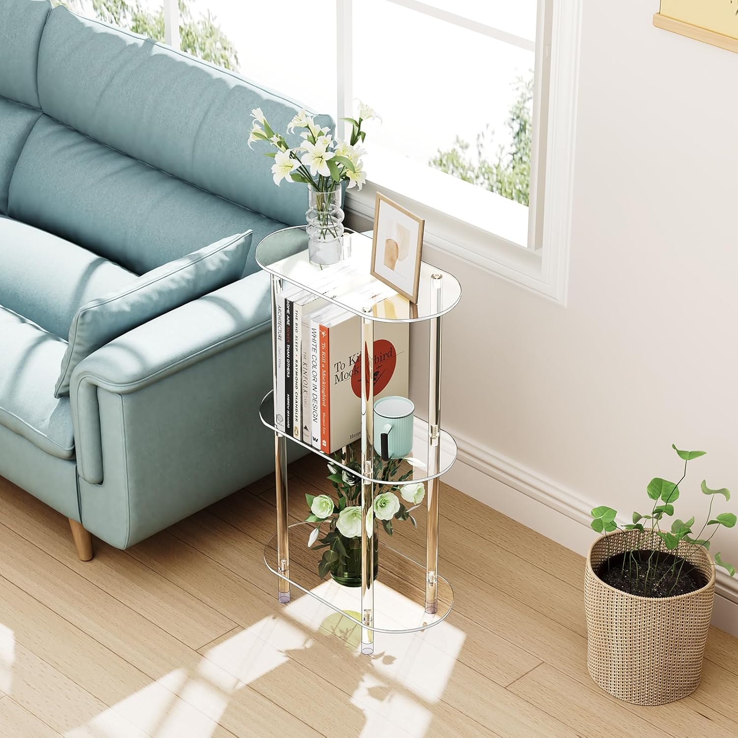 Clear Acrylic Narrow Side Table for Small Spaces, 15.75" L x 7.87" W x 26.7" H, 3 Tier Oval Slim End Table Nightstand, Small Minimalist Skinny Bedside Table for Bedroom, Bathroom, Living Room