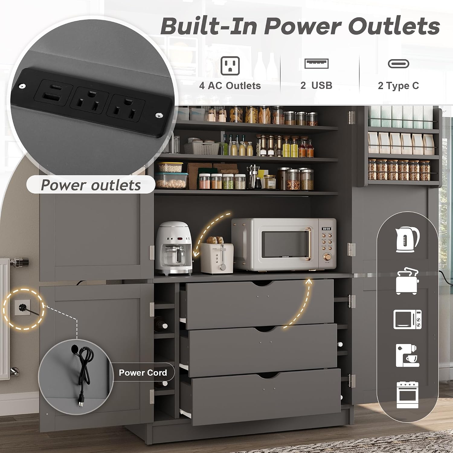 Merax Kitchen Pantry Storage Cabinet, Freestanding Buffet Cabinet with Microwave Stand & 2 Power Outlets,Kitchen Hutch with Door Shelves, Adjustable Shelves,Drawers and Wine Rack, Grey