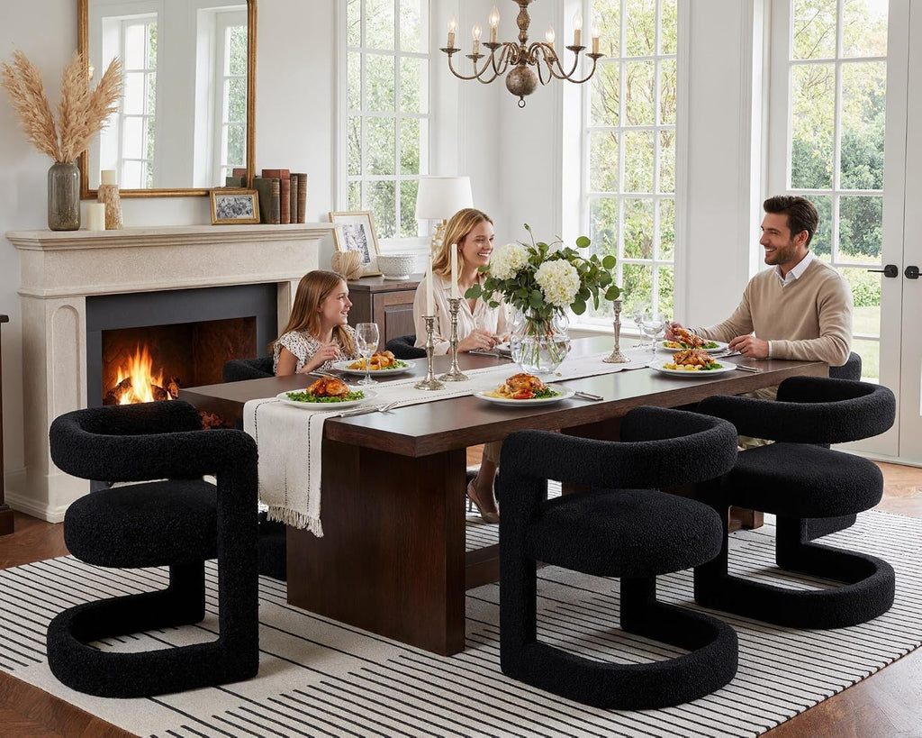 Black Barrel Dining Chairs Set of 6, Modern Boucle Upholstered Dining Room Chairs with Open Back & Sled Base, No Assembly Kitchen Arm Chairs, Comfy Accent Makeup Vanity Chair for Living Room Bedroom