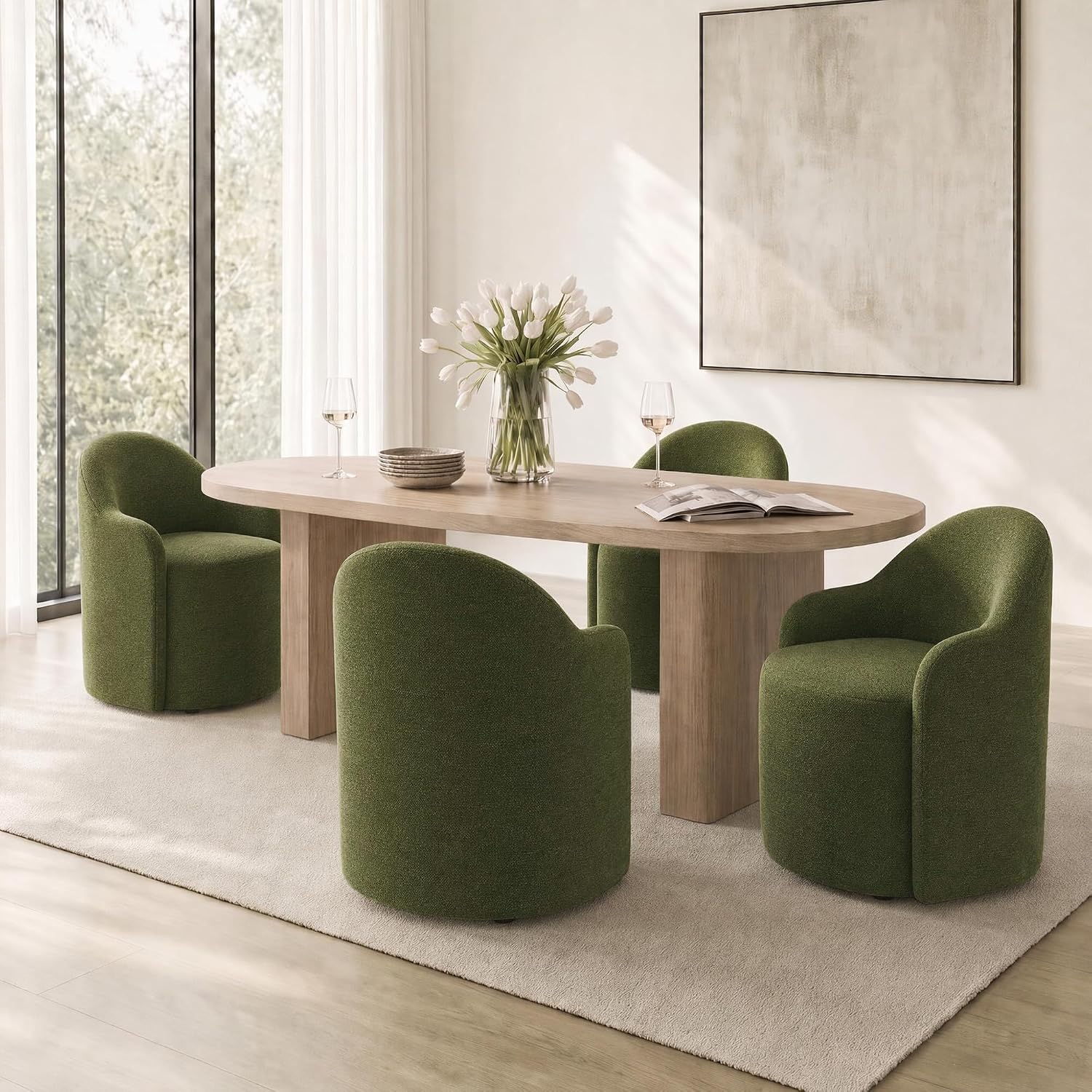 KISLOT Upholstered Dining Chairs Set of 4 with Caster, Pre-Assembled, Green | Modern Dining Room Chairs with Wheels, Rolling Vanity Chair with Round Backrest for Kitchen, Bedroom, Dressing, Linen Fabric