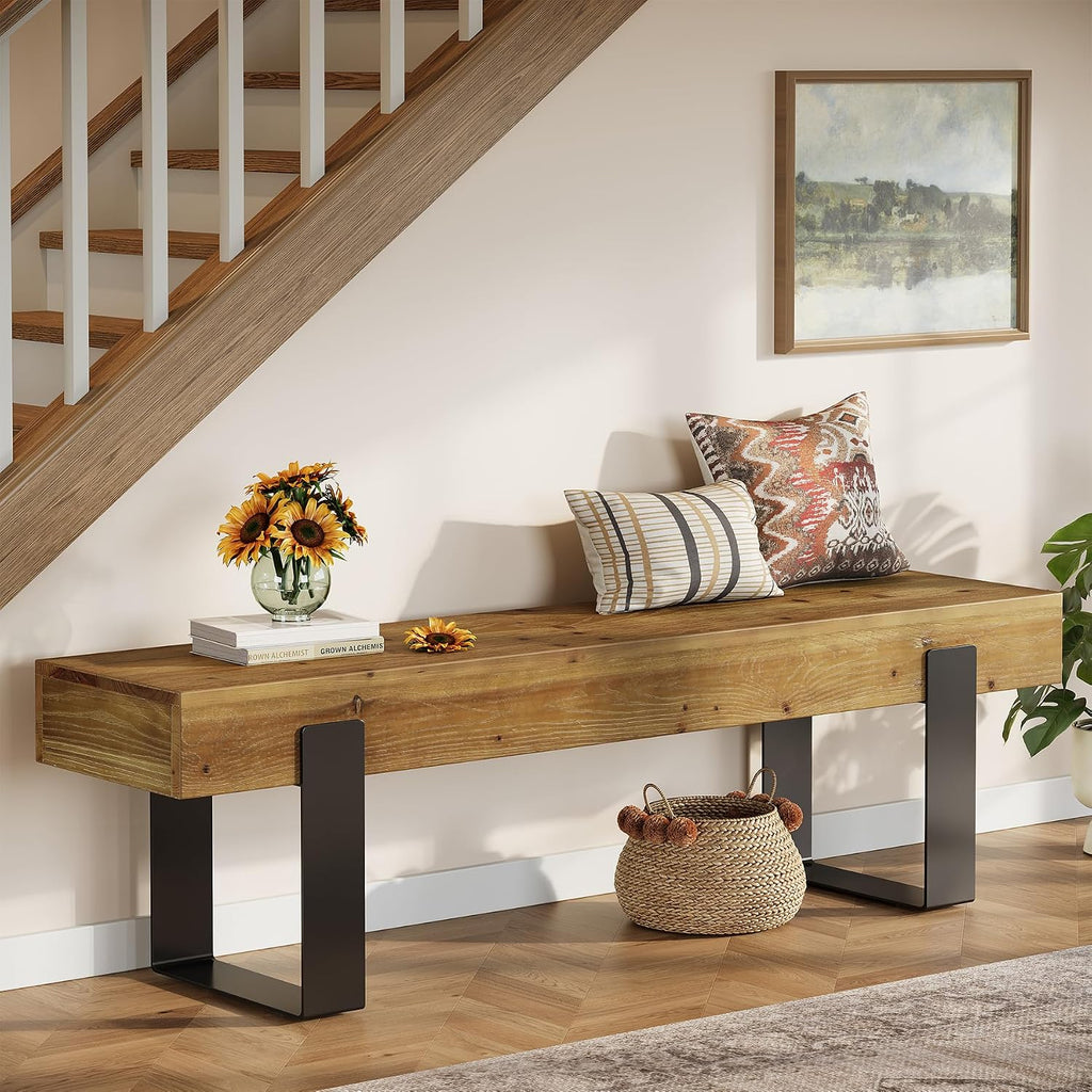 Solid Wooden Entryway Bench, 63" Farmhouse Indoor Shoe Bench with Metal Legs, Industrial Long End of Bed Stool with Seating for Entry, Hallway, Porch, Living Room, Mudroom, Easy Assembly