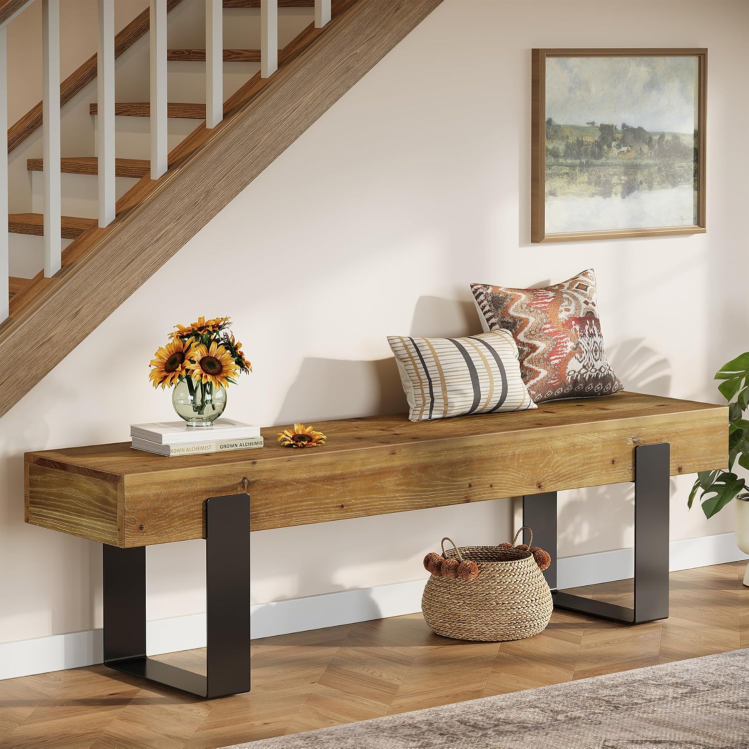 Solid Wooden Entryway Bench, 63" Farmhouse Indoor Shoe Bench with Metal Legs, Industrial Long End of Bed Stool with Seating for Entry, Hallway, Porch, Living Room, Mudroom, Easy Assembly