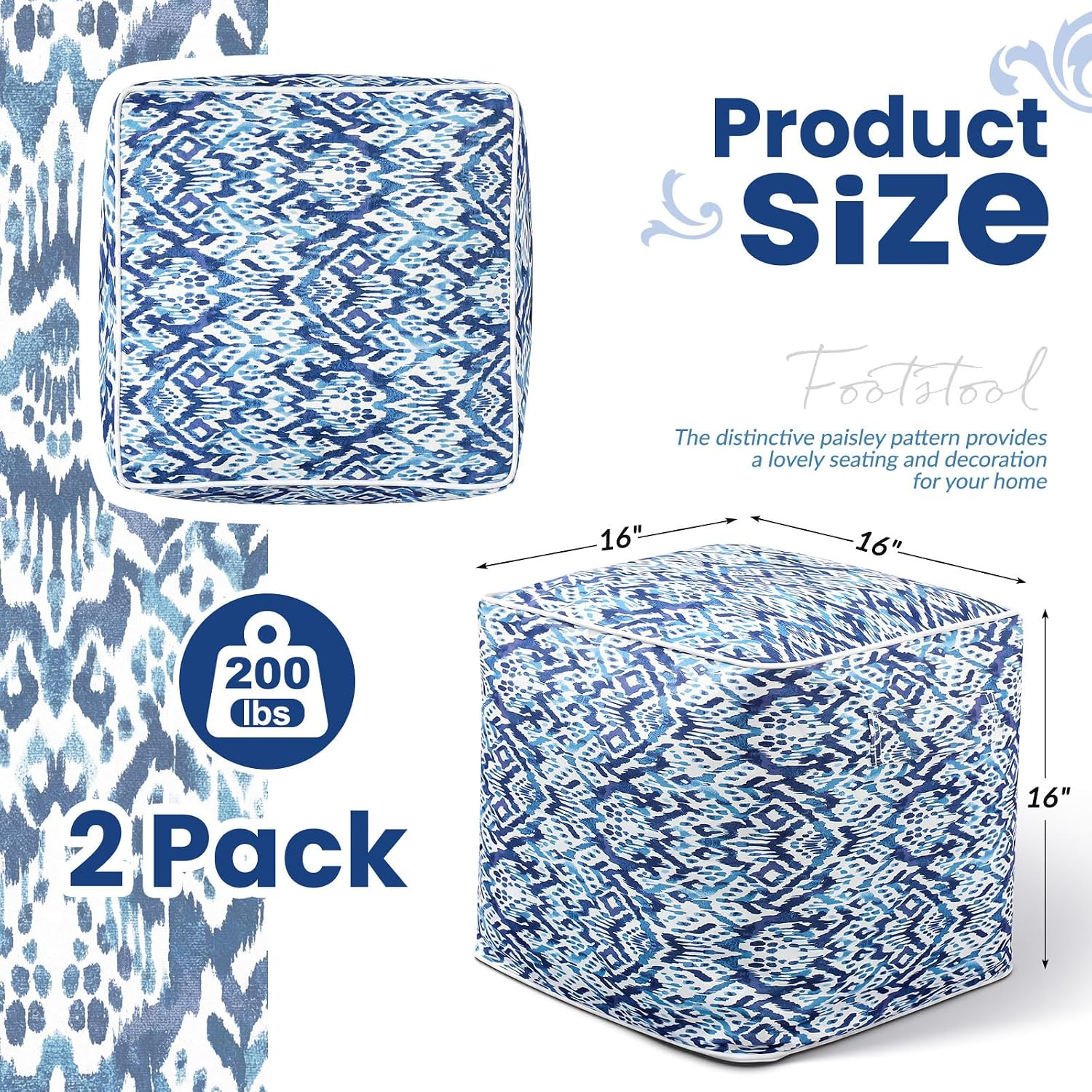 Juexica 2 Pack Inflatable Outdoor Ottoman Pouf Waterproof Cube 16" Square Blow up Ottoman Footrest with Handle Outdoor Portable Footstool for Patio Garden Camping or Home Pool(Diamond Stripes,Blue)